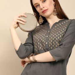 all about you Women Grey Ethnic Motifs Yoke Design Pure Cotton Kurta-28