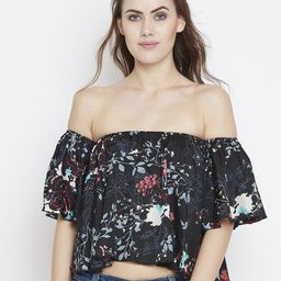Berrylush Black & Blue Floral Off-Shoulder Flared Sleeves Crepe Bardot Crop Top-image-80