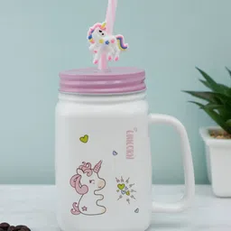 A Vintage Affair- Home Decor White & Pink Little Hearts Unicorn Ceramic Mason Jar-49