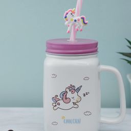 A Vintage Affair- Home Decor White & Pink Printed Sleepy Unicorn Ceramic Mason Jar-57
