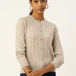 ARMISTO Women Cream-Coloured Cable Knit Woolen Cardigan-picture-14
