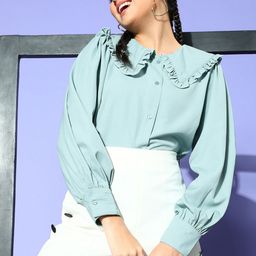 plusS Women Sea Green Solid Statement Collar Shirt-image-39