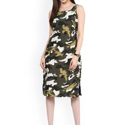 Zima Leto Women Green Camouflage Crepe Sheath Dress-image-80
