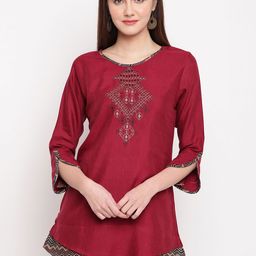 Kvsfab Women Maroon Embroidered A-Line Kurti-image-42