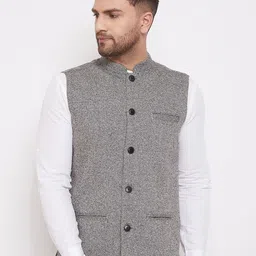 even Men Grey Solid Pure Wool Nehru Jacket-22