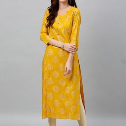 kipek Women Mustard Yellow & Gold-Toned Printed Straight Kurta with Mirror Work-image-17