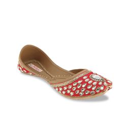 Fulkari Women Red Embellished Leather Mojaris-image-74