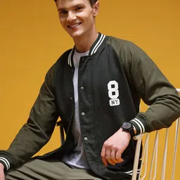 HERE&NOW Typography Printed Pure Cotton Stand Collar Varsity Jacket-picture-32