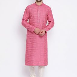 Sanwara Men Pink Woven Design Jacquard Straight Kurta-16