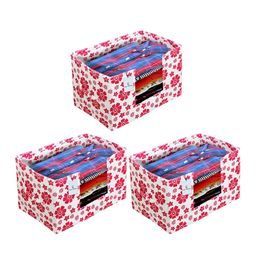 Kuber Industries Set Of 3 White & Pink Flower Printed Shirt Stacker Organisers With Handles-11