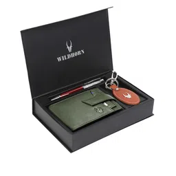 WildHorn Men Green & Orange RFID Protected Genuine Leather Accessory Gift Set-image-33