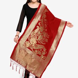 Blissta Red & Gold-Coloured Woven Design Dupatta-15