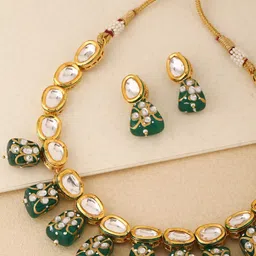 Shoshaa Women Gold-Plated White & Green Stone-Studded & Beaded Handcrafted Jewellery Set-picture-42