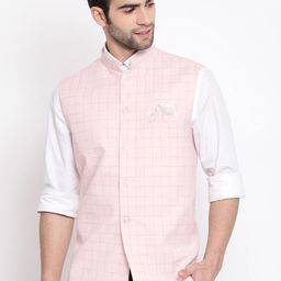 VASTRAMAY Men Pink & Grey Checked Woven Nehru Jacket-13