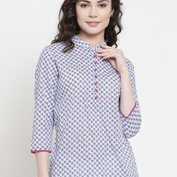 Purple State White & Blue Star Print Mandarin Collar Regular Top-image-102