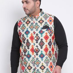 Hangup Men Off-White & Orange Printed Woven Nehru Jacket-30