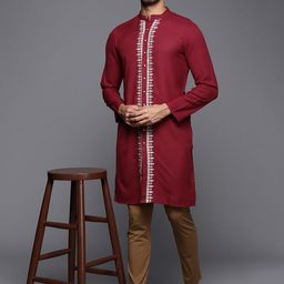 Indo Era Men Maroon Floral Thread Work Cotton Kurta-image-67