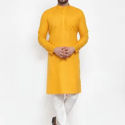 Jompers Men Mustard Yellow & White Solid Kurta with Churidar-image-98
