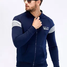Maniac Men Navy Blue & Grey Colourblocked Sweatshirt-image-14