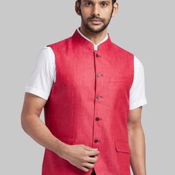 Parx Men Red Woven Design Linen Nehru Jacket-image-31