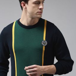 U S Polo Assn Men Navy Blue & Green Colourblocked Round Neck Pure Cotton Pullover Sweater-image-6