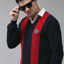 U S Polo Assn Men Navy Blue & Red Colourblocked V Neck Pullover Sweater-image-92