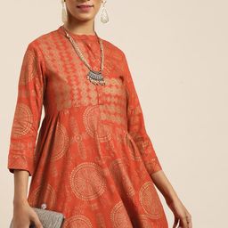 Sangria Women Orange & Golden Printed Anarkali Kurta with Trousers-image-52