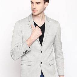 Basics Men Grey Checked Slim-Fit Single Breasted Pure Cotton Blazer-image-5