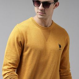 u.s. polo assn. U S Polo Assn Men Mustard Ribbed Yellow Round Neck Pure Cotton Pullover Sweater-picture-3