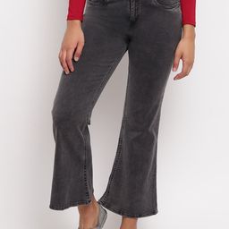 TALES & STORIES Women Charcoal Cotton Blend Flared Jeans-image-28