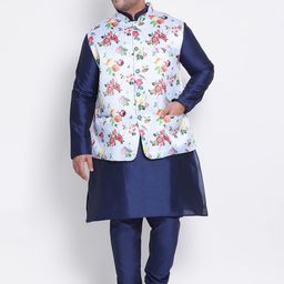 Hangup Men Blue Solid Kurta with Pyjamas & Nehru Jacket-picture-3