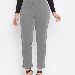 Crimsoune Club Women Grey Slim Fit Striped Regular Trousers-image-1