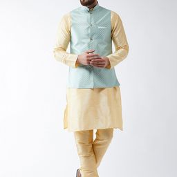 SOJANYA Men Cream-Coloured & Sea Green Self Design Kurta with Churidar & Nehru Jacket-picture-8