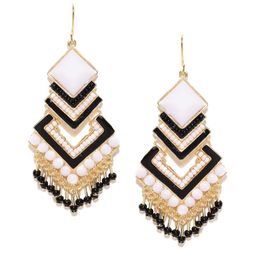 Crunchy Fashion White & Black Beaded Geometric Drop Earrings-image-35