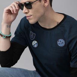 Roadster Men Teal Blue Solid Round Neck T-shirt With Applique Detail-image-17