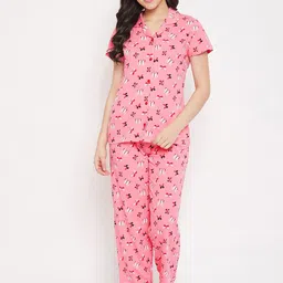 Clovia Women Pink & Red Printed Cotton Night Suit-27