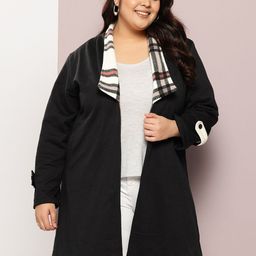 Qurvii+ Plus Size Open Front Checked Contrast Collar Overcoat-8