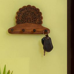 ExclusiveLane 4 Hooks Brown The Dancing Peacock Hand Carved Sheesham Wooden Key Holders-20