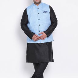 Hangup Men Black & Blue Solid Dupion Silk Kurta with Pyjamas & Jacket-54