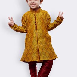 JBN Creation Boys Yellow & Maroon Self Design Kurta with Churidar-51