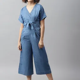 StyleStone Blue Front Knot Denim Culotte Jumpsuit-picture-43