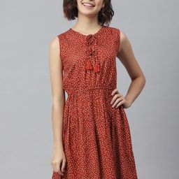 StyleStone Women Rust Polka Dots Printed Fit and Flare Dress-image-9