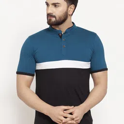 Kalt Men Teal Blue & Black Colourblocked Mandarin Collar T-shirt-image-40