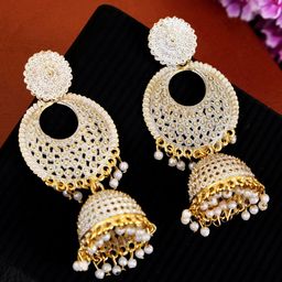 Crunchy Fashion White & Gold Plated Antique Jhumkas-image-29