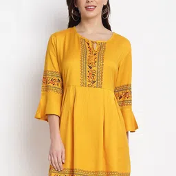 Miaz Lifestyle Women Mustard Yellow Printed Fit and Flare Dress-image-95