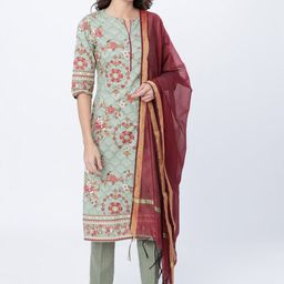 Vishudh Women Olive Green & Maroon Printed Kurta with Palazzos & Dupatta-picture-6
