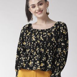 plusS Women Black & Yellow Ditsy Floral Print Styled Back Top-31
