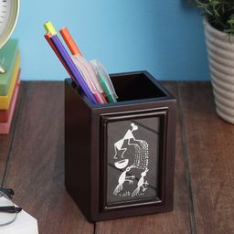VarEesha Brown & Black Warli Hand Painted Tribal Wooden Desk Organizer-19