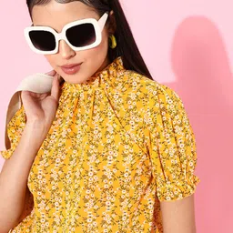 DressBerry Women Bright Yellow Floral Volume Play Top-picture-12