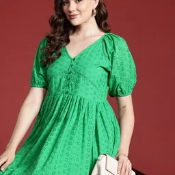 all about you Puff Sleeve Schiffli Embroidered Cotton Fit & Flare Dress-picture-12